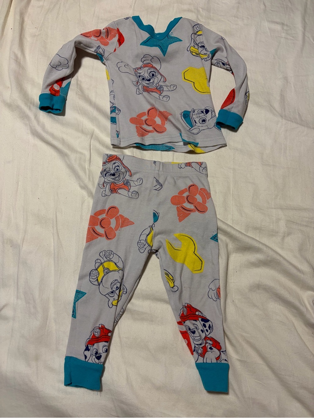 Paw Patrol Grey Pajama Set with Teal, Yellow, Red and Coral Accents